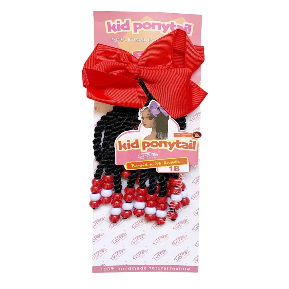 Kid Ponytail Braided With Beads #1B(Red)